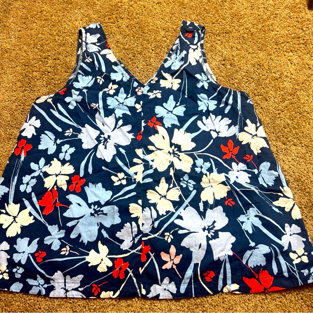 Time Tru Linen Blend Tank L Blue Florals Summer Coastal Resort Travel Women 2X